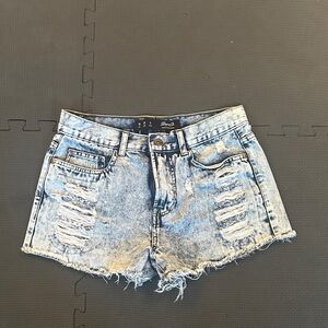 Distressed Light Blue Denim Jean Shorts with Frayed Hem